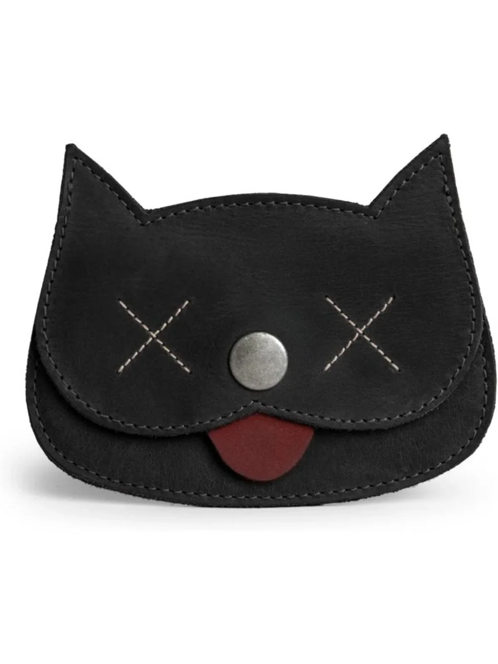 Handmade Cat Shape Wallet - Full Grain Leather, Cute Cartoon Design, Black Color